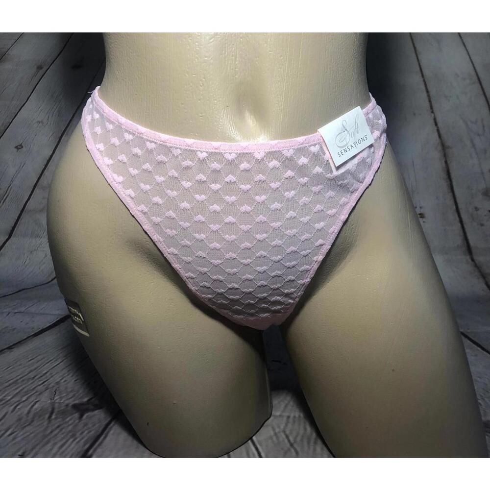 3 SOFT SENSATIONS NWT Sheer PINK Embroidered‎ HEART THONG